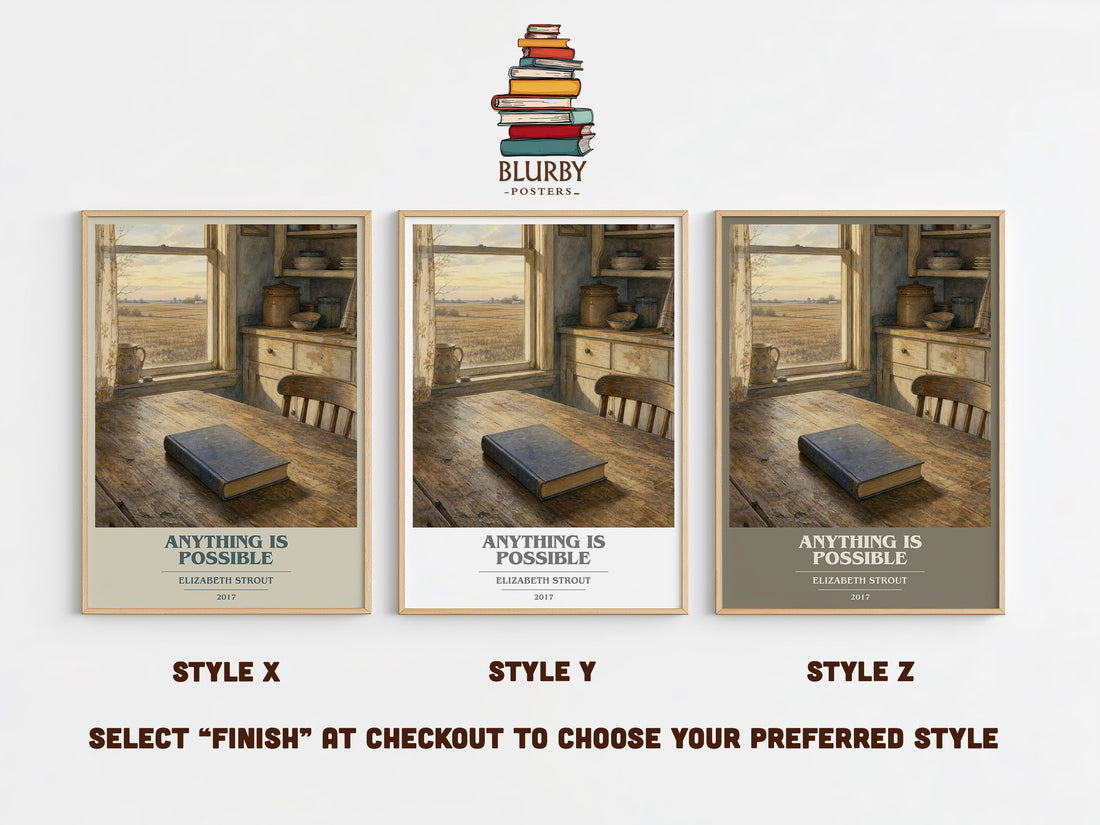 Anything is possible book cover print in frame leaning in hallway – literary fiction wall art (mockup)