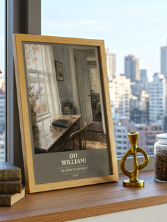 Oh William! book cover print framed by window – literary home decor