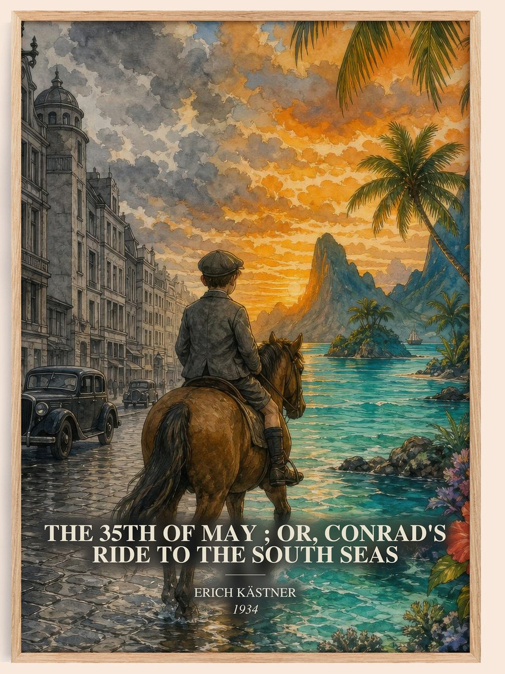 The 35th of May ; or, Conrad's ride to the South seas watercolour book poster by Erich Kästner – framed literary art print