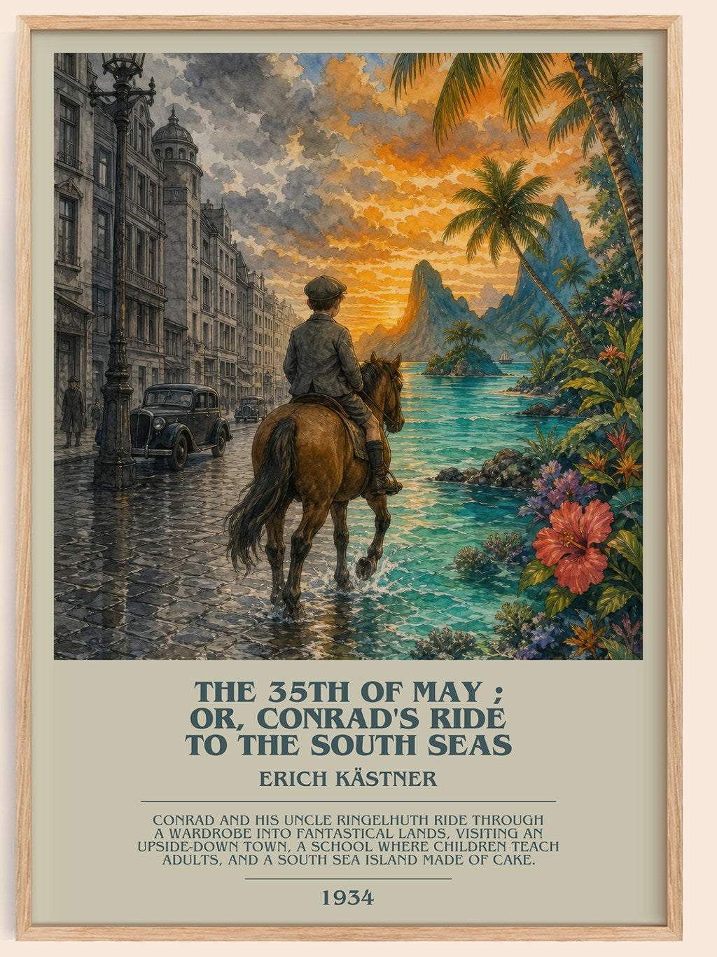 The 35th of May ; or, Conrad's ride to the South seas bookish book poster by Erich Kästner – framed literary art print
