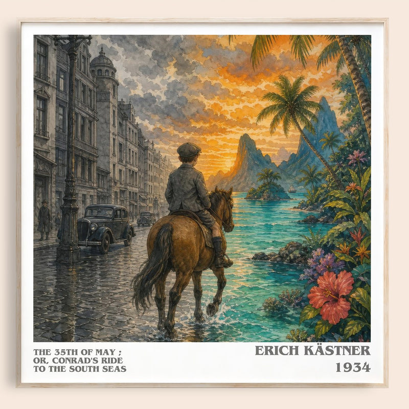 The 35th of May ; or, Conrad's ride to the South seas literary book poster by Erich Kästner – framed literary art print
