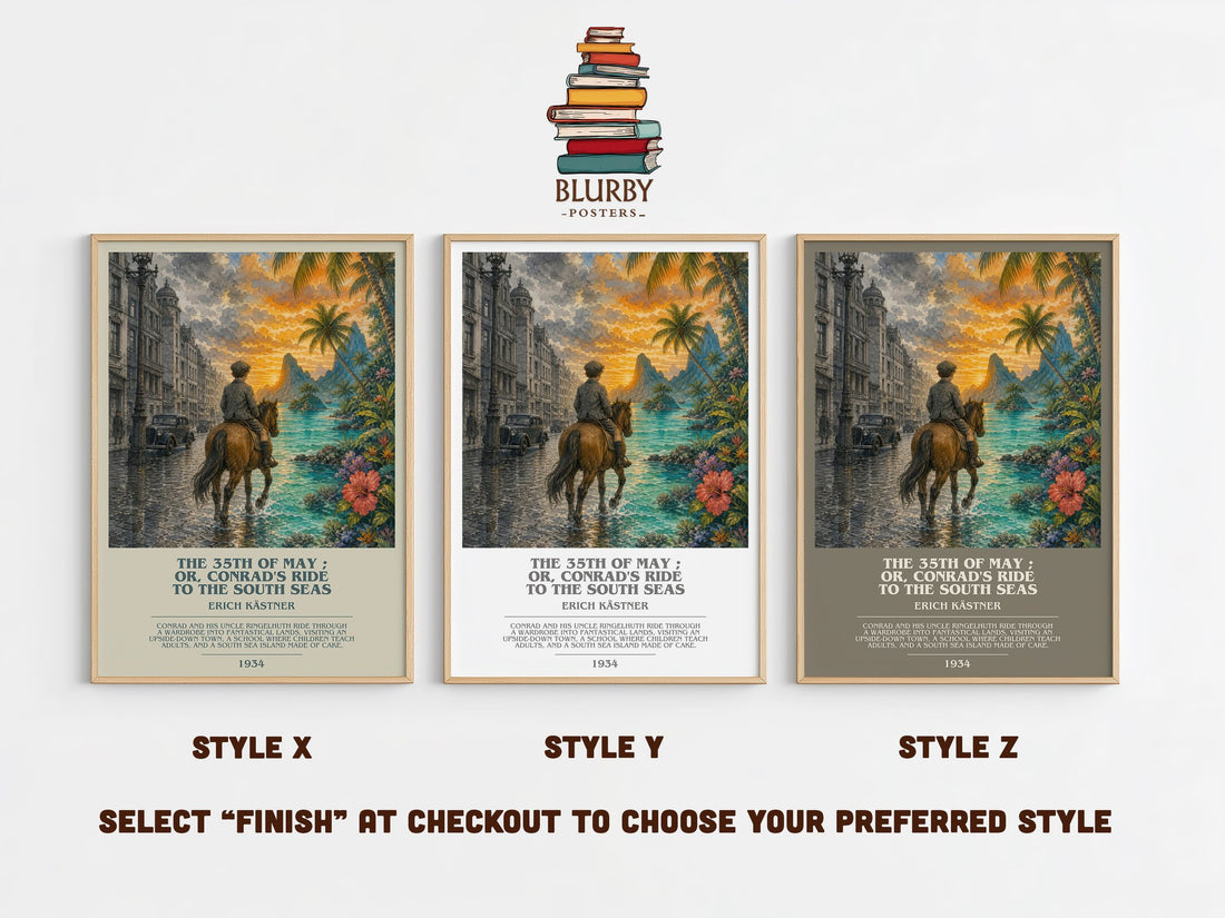 The 35th of May ; or, Conrad's ride to the South seas bookish print in frame leaning in hallway – childrens wall art (mockup)