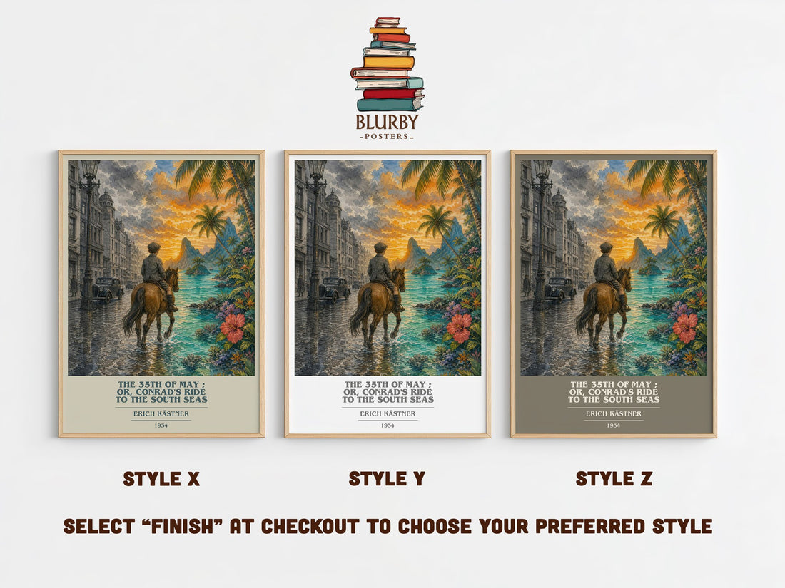 The 35th of May ; or, Conrad's ride to the South seas book cover print in frame leaning in hallway – childrens wall art (mockup)