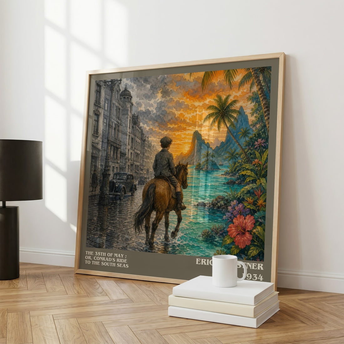 The 35th of May ; or, Conrad's ride to the South seas literary print framed by window – literary home decor