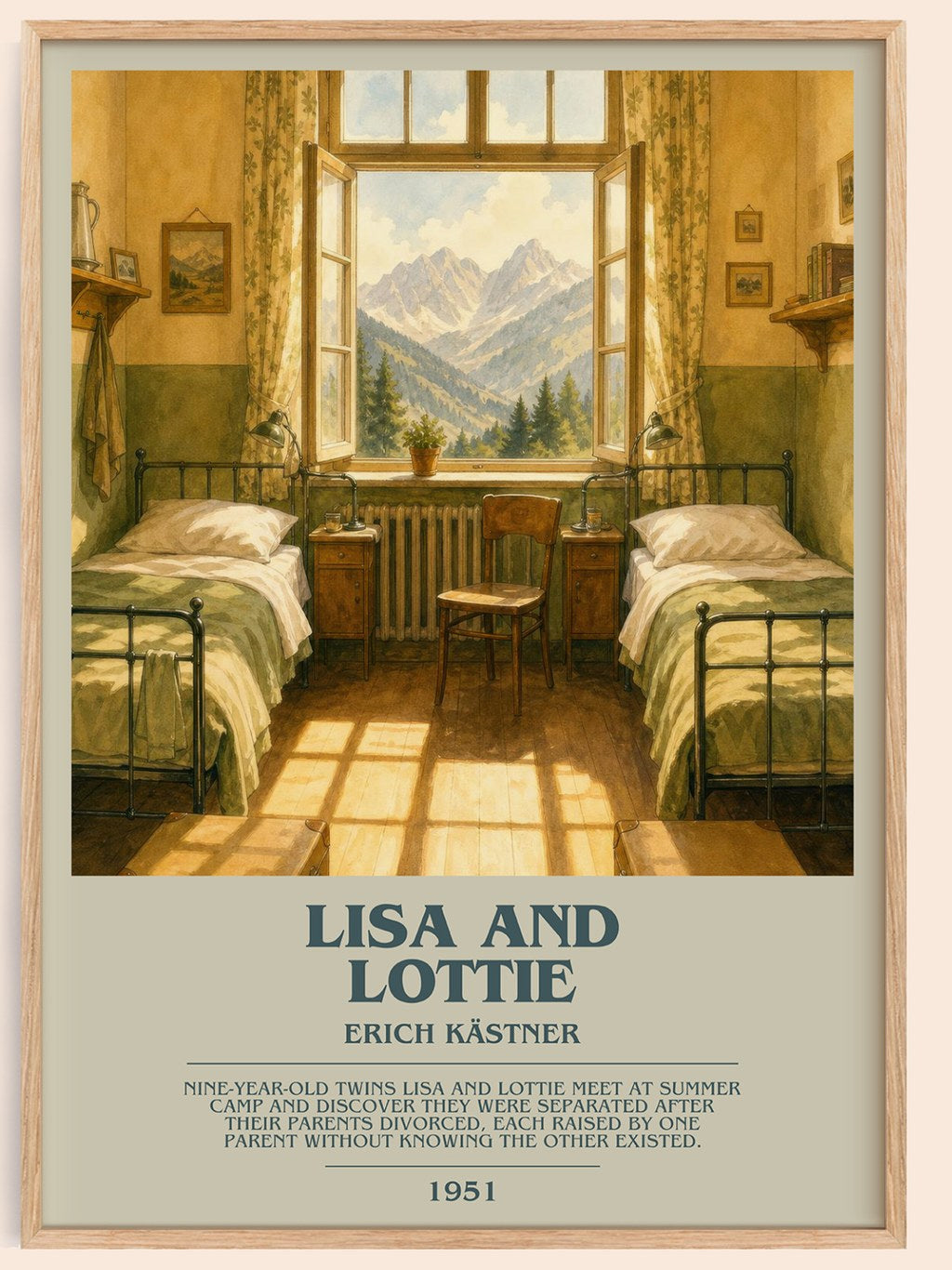 Lisa and Lottie bookish book poster by Erich Kästner – framed literary art print