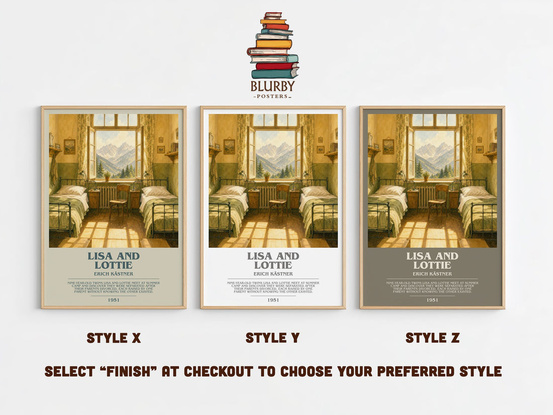 Lisa and Lottie bookish print in frame leaning in hallway – childrens wall art (mockup)