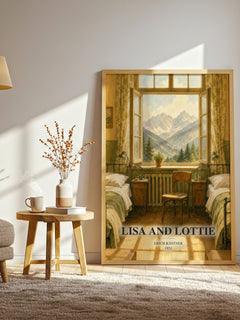 Lisa and Lottie watercolour print in frame leaning in hallway – childrens wall art