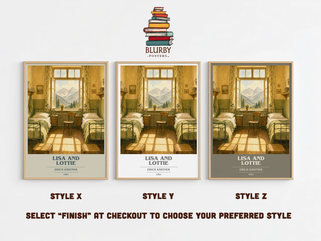 Lisa and Lottie book cover print in frame leaning in hallway – childrens wall art (mockup)