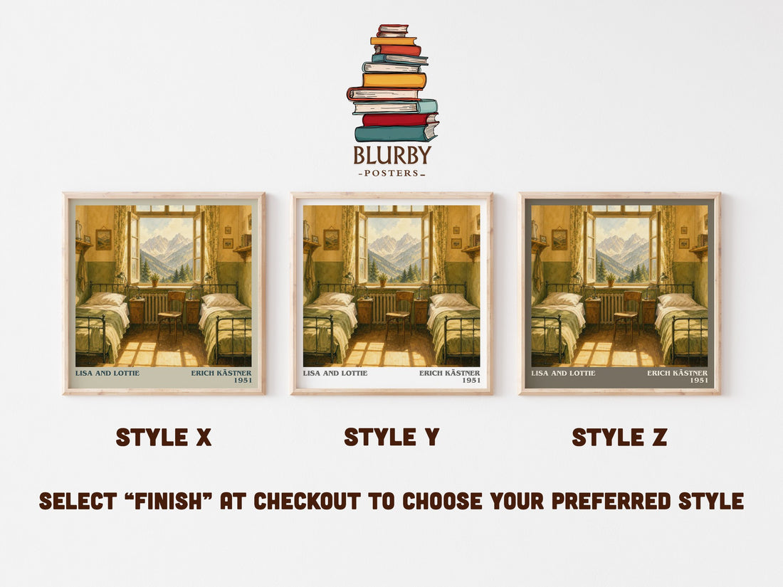 Lisa and Lottie literary print in frame leaning in hallway – childrens wall art (mockup)