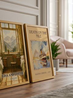 Lisa and Lottie watercolour print framed by window – literary home decor