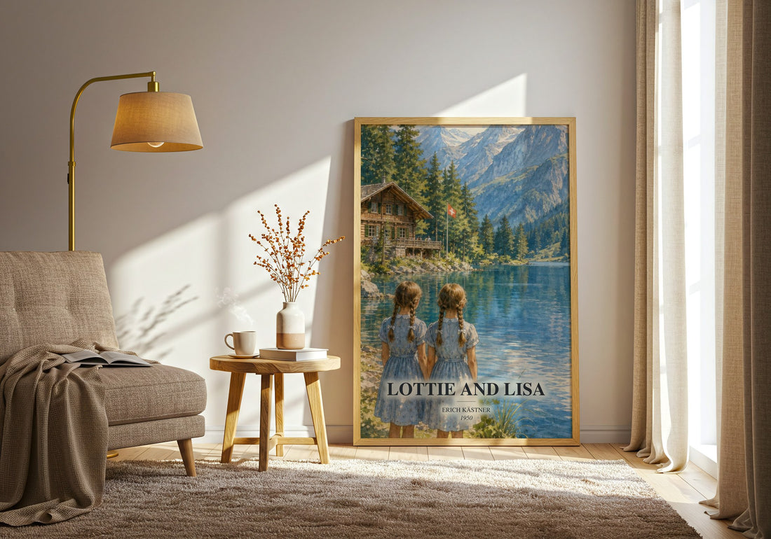 Lottie and Lisa watercolour print in frame leaning in hallway – childrens wall art
