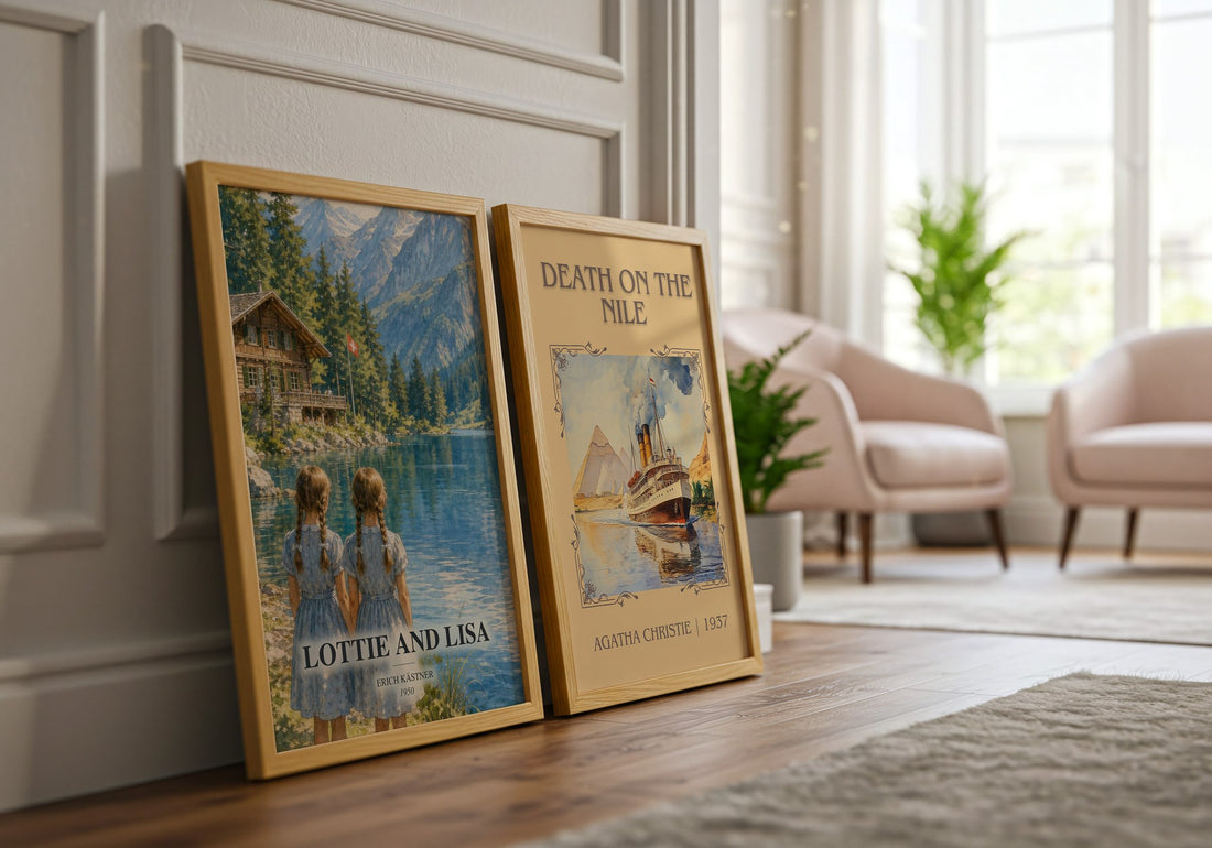 Lottie and Lisa watercolour print framed by window – literary home decor