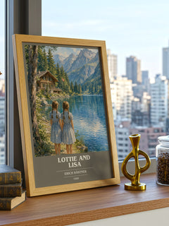 Lottie and Lisa Book Cover Poster by Erich Kästner – framed print on a city-view windowsill