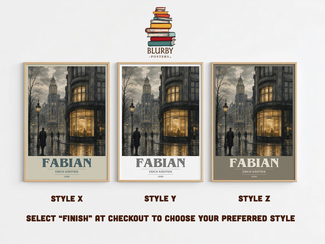 Fabian book cover print in frame leaning in hallway – literary fiction wall art (mockup)