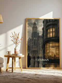 Fabian watercolour print in frame leaning in hallway – literary fiction wall art
