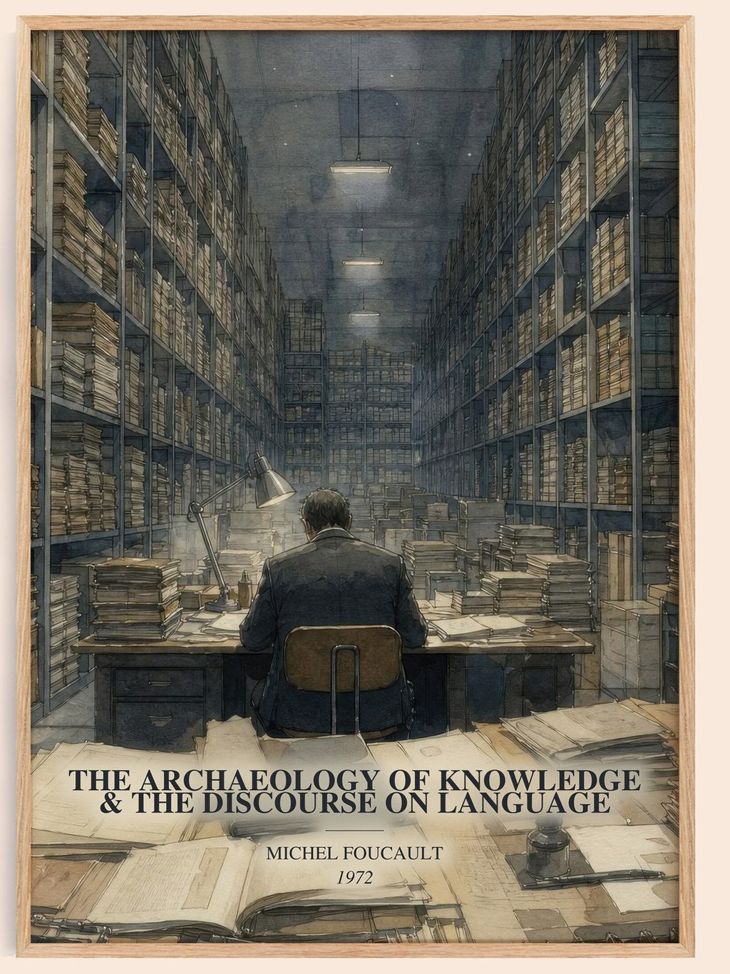 The archaeology of knowledge & The discourse on language watercolour book poster by Michel Foucault – framed literary art