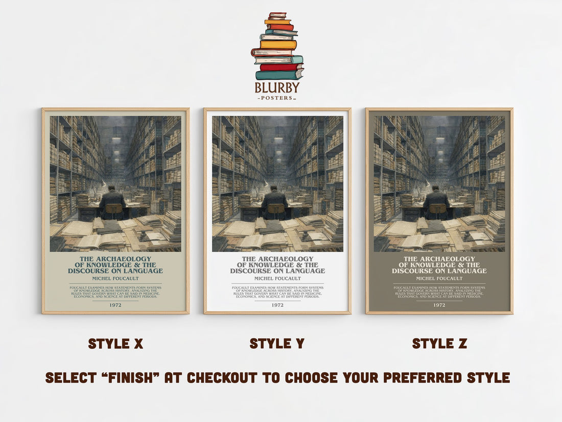 The archaeology of knowledge & The discourse on language bookish print in frame leaning in hallway – philosophy wall art (mockup)