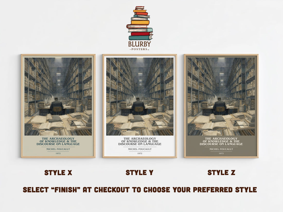 The archaeology of knowledge & The discourse on language book cover print in frame leaning in hallway – philosophy wall art (mockup)