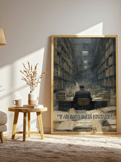The archaeology of knowledge & The discourse on language watercolour print in frame leaning in hallway – philosophy wall art