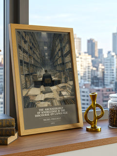 The archaeology of knowledge & The discourse on language book cover print framed by window – literary home decor