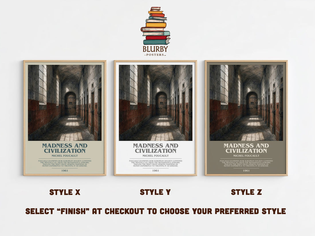 Madness and Civilization bookish print in frame leaning in hallway – philosophy wall art (mockup)