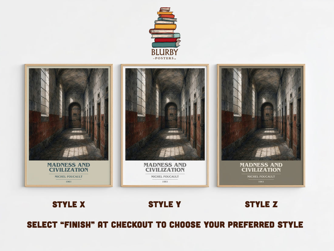 Madness and Civilization book cover print in frame leaning in hallway – philosophy wall art (mockup)