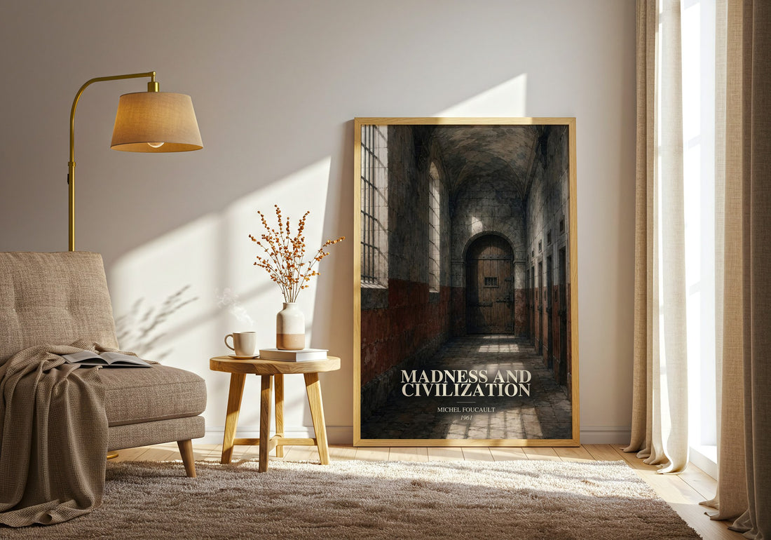 Madness and Civilization watercolour print in frame leaning in hallway – philosophy wall art