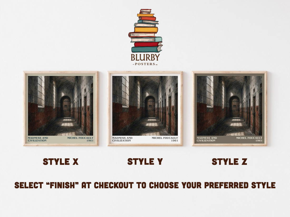 Madness and Civilization literary print in frame leaning in hallway – philosophy wall art (mockup)
