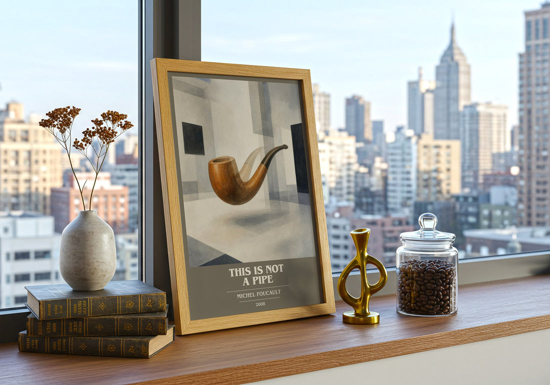 This Is Not a Pipe book cover print framed by window – literary home decor