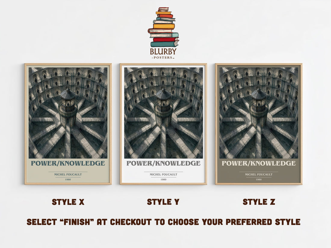 Power/knowledge book cover print in frame leaning in hallway – philosophy wall art (mockup)