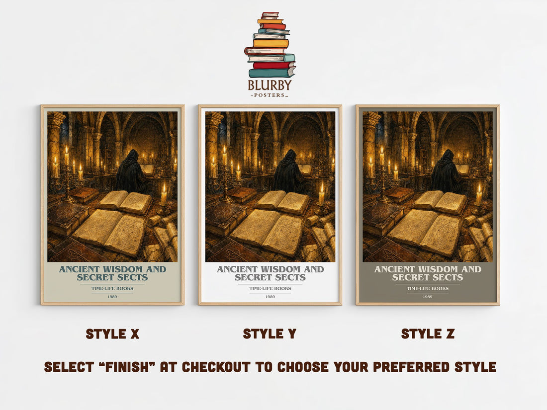 Ancient wisdom and secret sects book cover print in frame leaning in hallway – non fiction wall art (mockup)