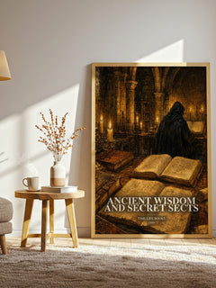 Ancient wisdom and secret sects watercolour print in frame leaning in hallway – non fiction wall art