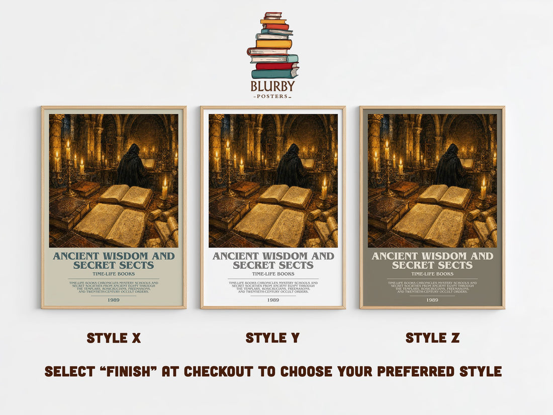 Ancient wisdom and secret sects bookish print in frame leaning in hallway – non fiction wall art (mockup)