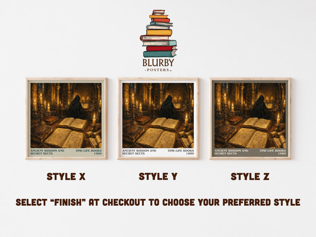 Ancient wisdom and secret sects literary print in frame leaning in hallway – non fiction wall art (mockup)
