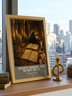 Ancient wisdom and secret sects book cover print framed by window – literary home decor