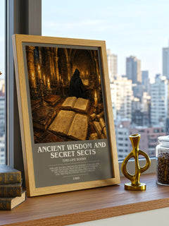 Ancient wisdom and secret sects bookish print framed by window – literary home decor