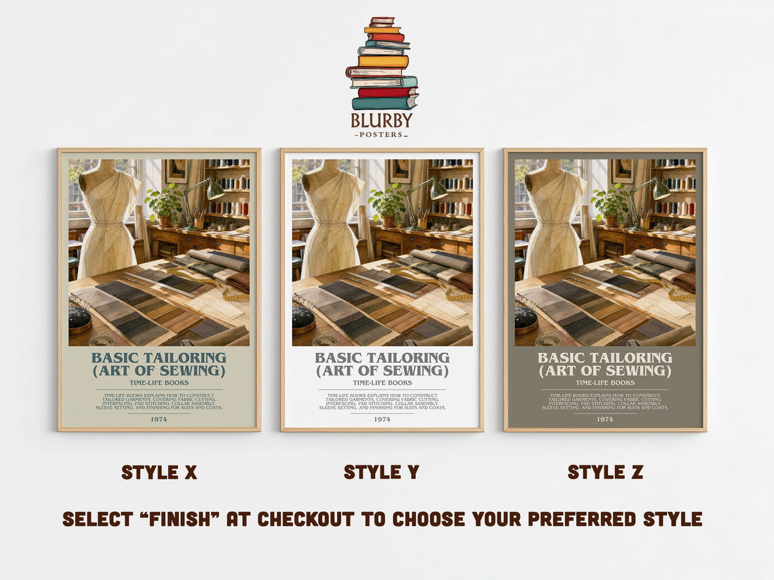 Basic Tailoring (Art of sewing) bookish print in frame leaning in hallway – non fiction wall art (mockup)