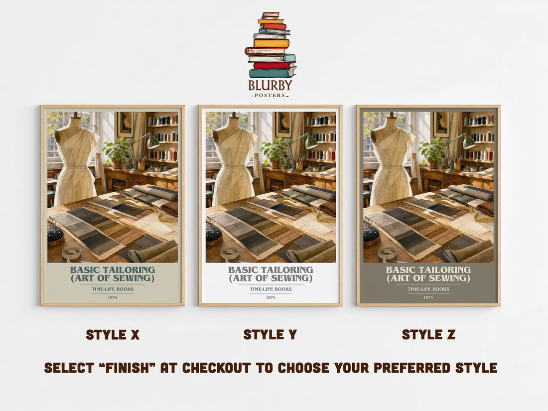 Basic Tailoring (Art of sewing) book cover print in frame leaning in hallway – non fiction wall art (mockup)