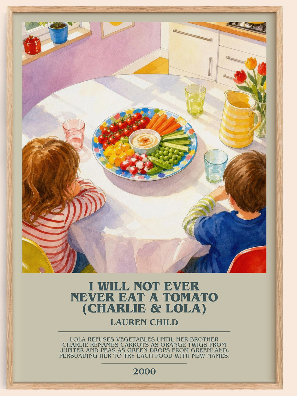 I Will Not Ever Never Eat a Tomato (Charlie & Lola) bookish book poster by Lauren Child – framed literary art print