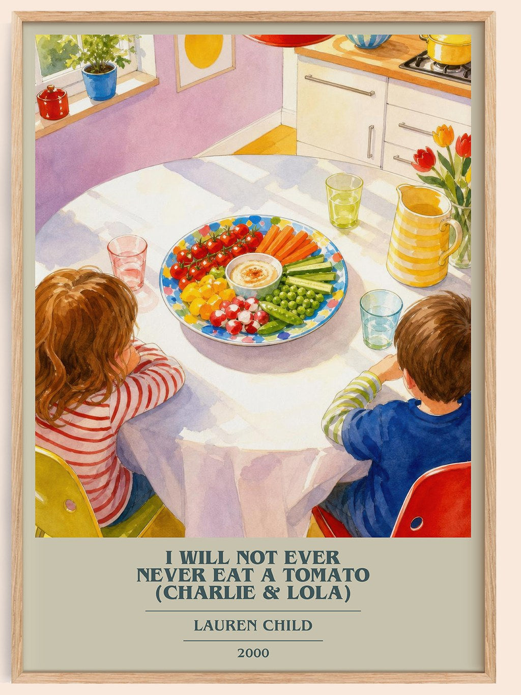 I Will Not Ever Never Eat a Tomato (Charlie & Lola) book cover book poster by Lauren Child – framed literary art print
