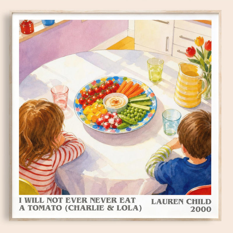 I Will Not Ever Never Eat a Tomato (Charlie & Lola) literary book poster by Lauren Child – framed literary art print