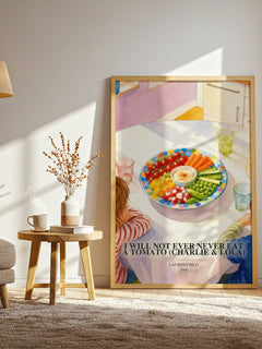 I Will Not Ever Never Eat a Tomato (Charlie & Lola) watercolour print in frame leaning in hallway – childrens wall art
