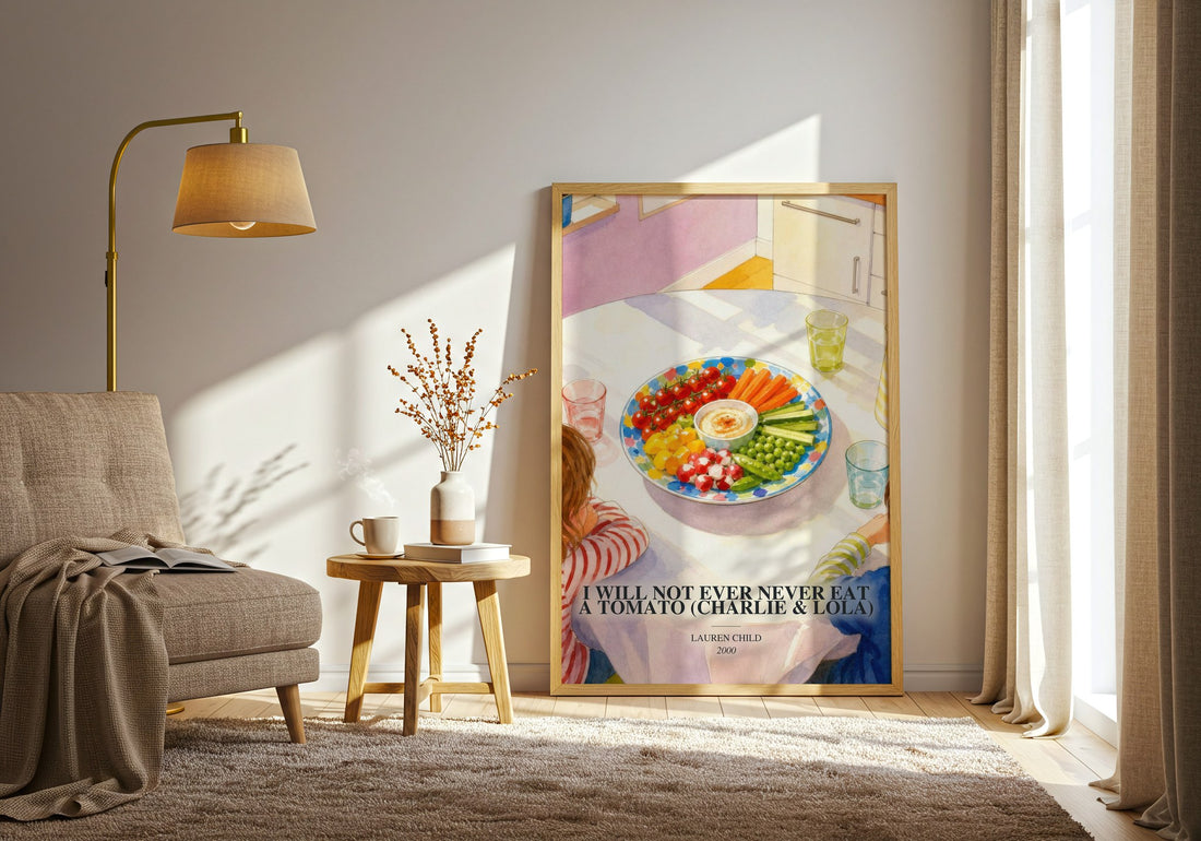 I Will Not Ever Never Eat a Tomato (Charlie & Lola) watercolour print in frame leaning in hallway – childrens wall art