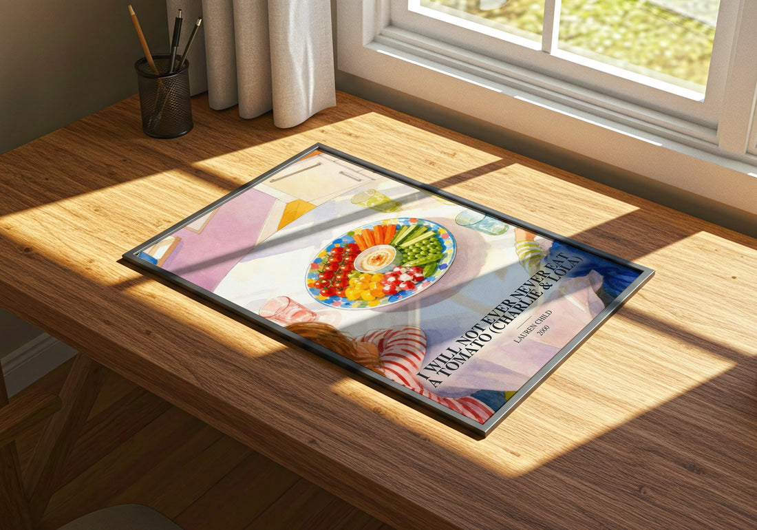 I Will Not Ever Never Eat a Tomato (Charlie & Lola) watercolour book poster framed on wall – childrens wall art
