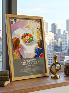 I Will Not Ever Never Eat a Tomato (Charlie & Lola) bookish print framed by window – literary home decor