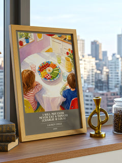 I Will Not Ever Never Eat a Tomato (Charlie & Lola) book cover print framed by window – literary home decor