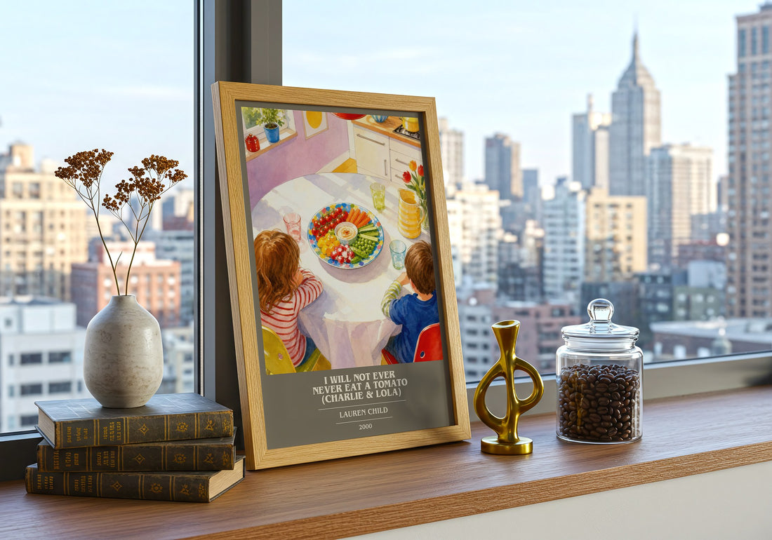 I Will Not Ever Never Eat a Tomato (Charlie & Lola) book cover print framed by window – literary home decor
