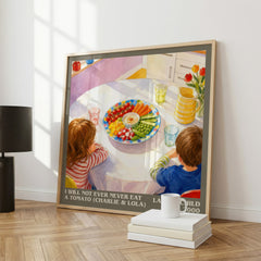 I Will Not Ever Never Eat a Tomato (Charlie & Lola) literary print framed by window – literary home decor