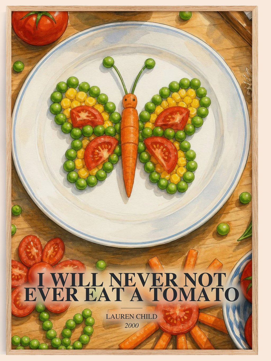 I will never not ever eat a tomato watercolour book poster by Lauren Child – framed literary art print