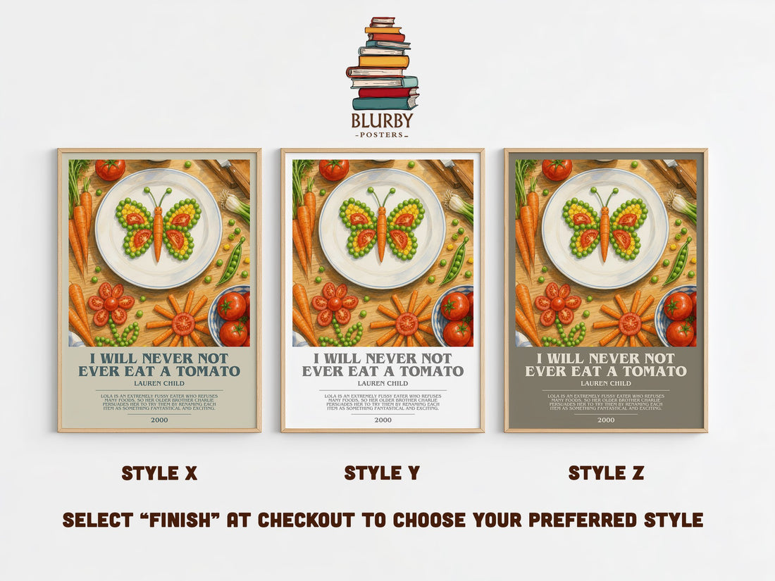 I will never not ever eat a tomato bookish print in frame leaning in hallway – childrens wall art (mockup)